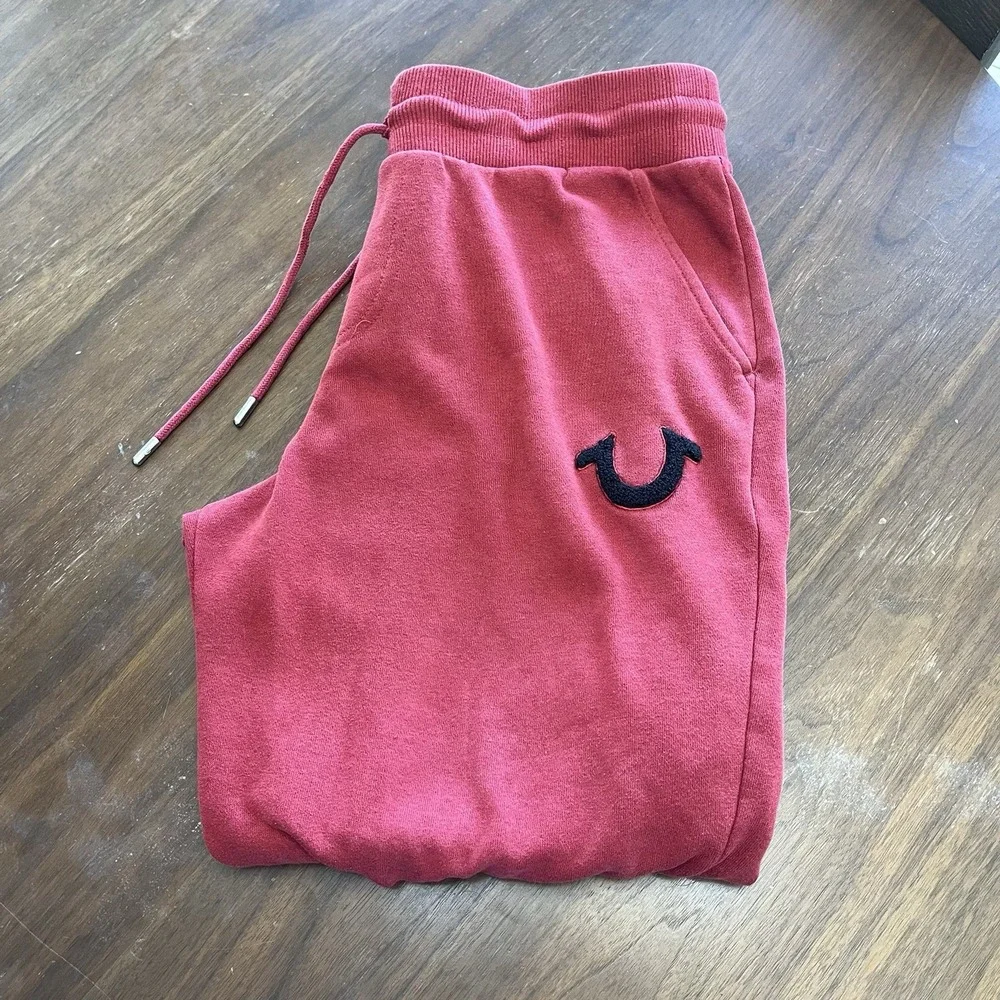 True Religion Pants Mens Small Red Joggers Sweatpants Drawstring Logo Fleece